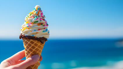 Sweet summer treat: A hand holds a delicious ice cream cone with colorful sprinkles against a vibrant ocean backdrop.