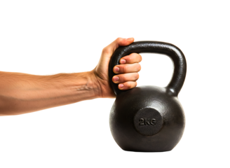 Man s hand holding a black kettlebell isolated on transparent background