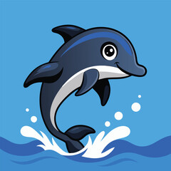 Fototapeta premium Cute cartoon dolphin jumping out of blue water with splashes