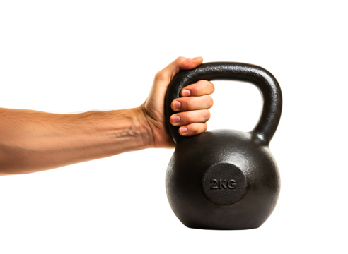 Man s hand holding a black kettlebell isolated on transparent background - Powered by Adobe
