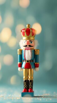 Classic nutcracker figurine with red crown and festive lights. Christmas tradition concept.