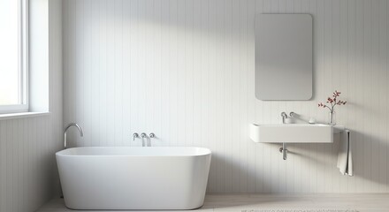 Modern White Freestanding Bathtub with Wall-mounted Sink and Mirror in Minimalist Bathroom