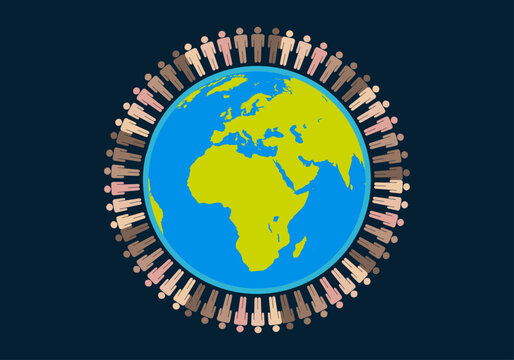Planeta tierra rodeado de personas de diferentes etnias 