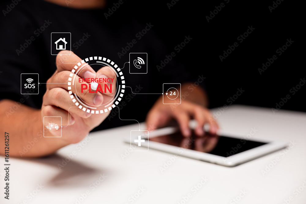 Aufkleber a person uses a tablet and interacts with a digital interface showing an emergency plan and related 