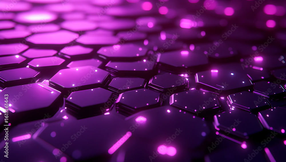 Poster abstract purple hexagonal pattern glows with vibrant light, creating a futuristic technological back