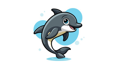 Obraz premium Cute cartoon dolphin jumping and smiling in blue water