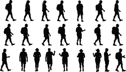 Walking person silhouettes, vector backpacker and pedestrian figures in casual outfits for travel icons, infographics, signage, or graphic design