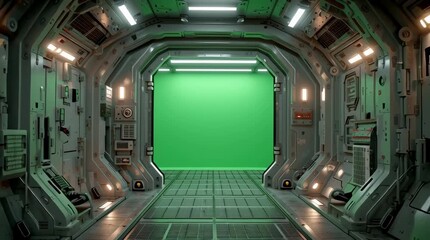 Spaceship corridor green screen background for video editing and visual effects use - Powered by Adobe