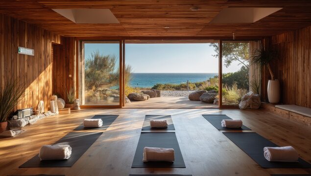 Serene yoga studio with mats and towels overlooks a tranquil ocean view, inviting relaxation and wellness in a natural, light-filled space.
