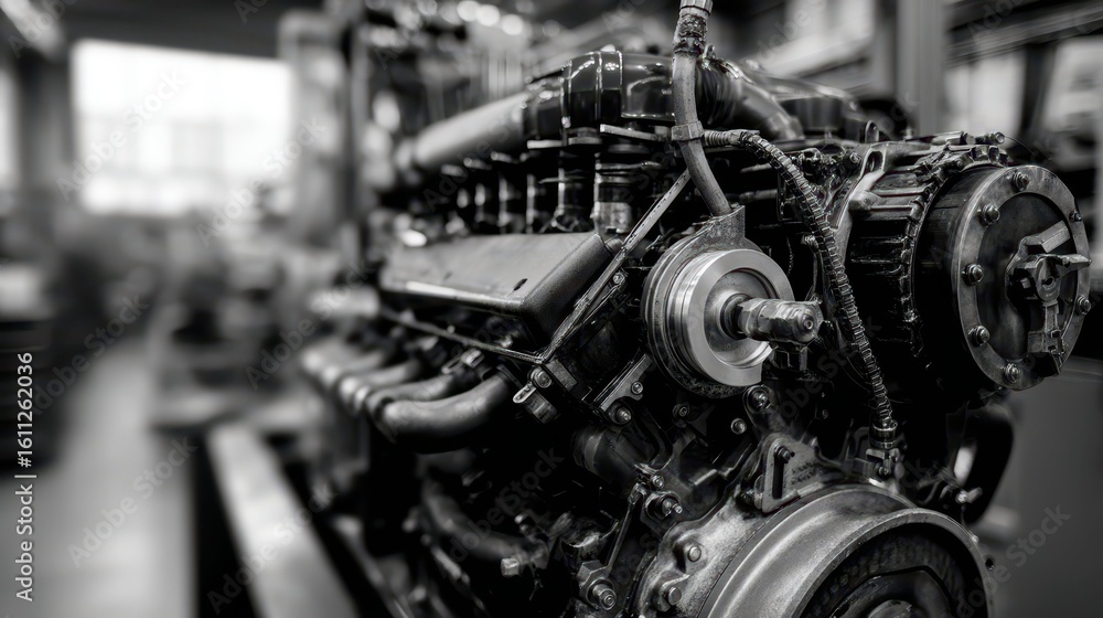 Poster powerful diesel engine in a mechanics workshop setting