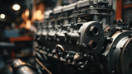 Fototapeta premium Powerful Diesel Engine in Mechanics Workshop Setting