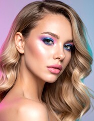 Glamorous beauty portrait of a young woman with creative colorful eye makeup and glowing skin under neon lighting.