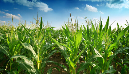 Obraz premium a field of green corn stalks with a blue sky in the background