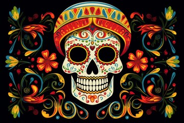 Fototapeta premium Decorated calavera skull with floral ornaments, celebrating the day of the dead tradition with vibrant colors