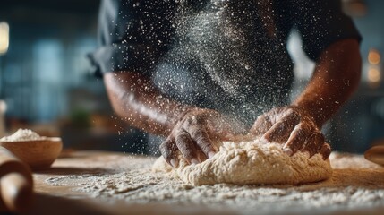 Fototapeta premium Professional Baker Sprinkling Flour on Fresh Dough for Baking