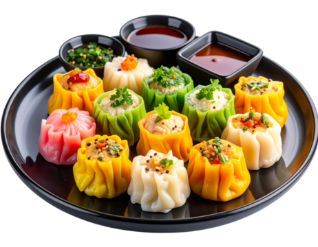  “Assorted Colorful Dimsum on Modern Black Ceramic Plate, isolated on transparent background”. - Powered by Adobe