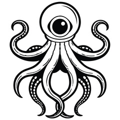 Intriguing black and white illustration of a stylized octopus with a large eye.