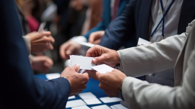 Business people exchanging cards at a conference.