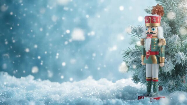 Nutcracker figure standing next to snowy pine branch. Christmas tradition concept.