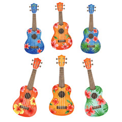 Colorful watercolor ukuleles with tropical flower designs evoke a cheerful and musical island vibe.