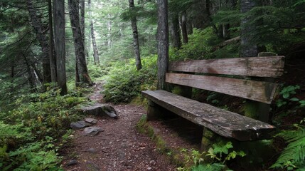 Rustic wooden bench along scenic forest hiking trail in nature