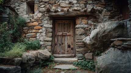 Fototapeta premium Rustic Stone House with Old Wooden Door Surrounded by Nature