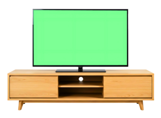 Modern wooden tv stand with flat screen television isolated on transparent background