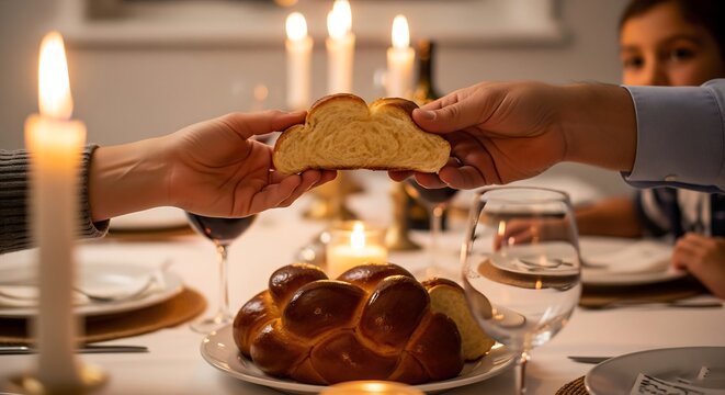 Jewish sabbath celebration with challah bread and candles focus on bread sharing