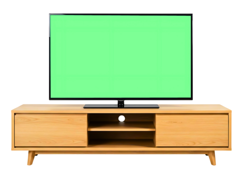 Modern wooden tv stand with flat screen television isolated on transparent background