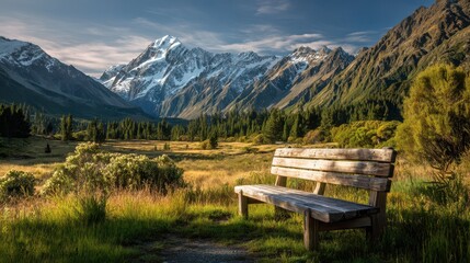 Scenic Mountain View with Wooden Bench inForeground of Nature