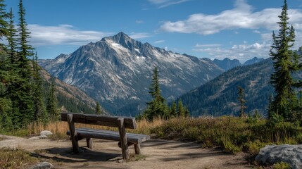 Scenic Mountain View with Wooden Bench in Serene Outdoor Landscape