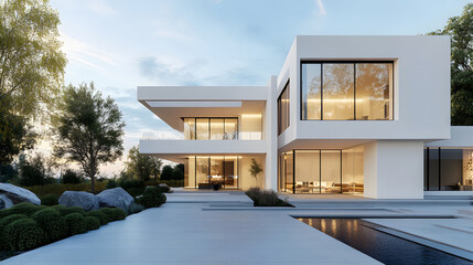 Modern single house with large windows, clean facade, and grey roof in front view.