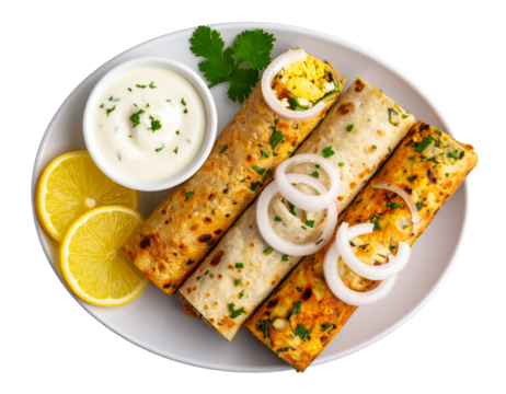  “Assorted Kathi Rolls with Mayo Dip, isolated on transparent background”.