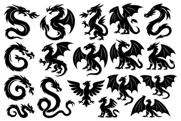 Black dragon silhouettes with wings, serpentine forms, and curled emblems, Transparent Background