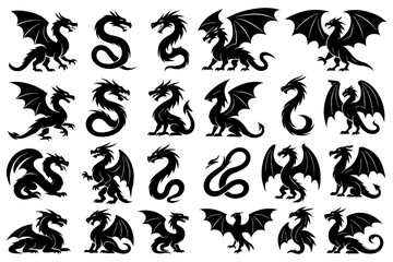 Black dragon silhouettes with wings, serpentine forms, and curled emblems, Transparent Background