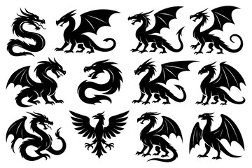 Black dragon silhouettes with wings, serpentine forms, and curled emblems, Transparent Background