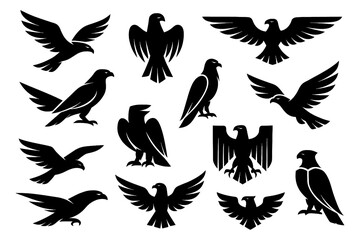 Black hawk and eagle silhouettes with perched and flying poses, Transparent Background