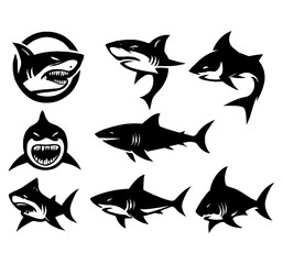 Black shark silhouettes in swimming, hunting, and head emblem designs, Transparent Background