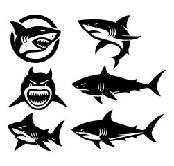 Fototapeta premium Black shark silhouettes in swimming, hunting, and head emblem designs, Transparent Background
