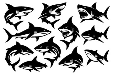 Black shark silhouettes in swimming, hunting, and head emblem designs, Transparent Background