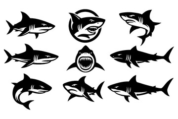 Fototapeta premium Black shark silhouettes in swimming, hunting, and head emblem designs, Transparent Background