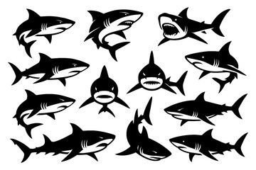 Black shark silhouettes in swimming, hunting, and head emblem designs, Transparent Background
