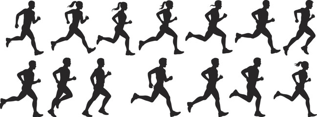 Running silhouette set, male female joggers, fitness exercise, athletic motion, jogging vector, workout figures, sprinting posture, black clipart, active lifestyle