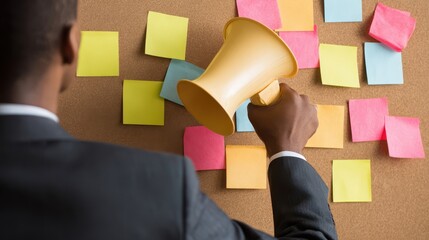 Person using a megaphone to announce ideas on a corkboard.