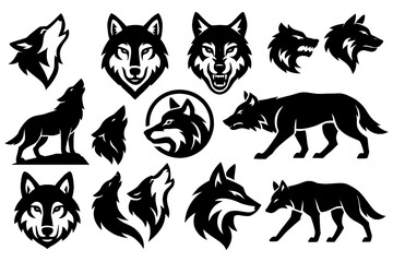 Black wolf silhouettes in walking, howling, and head emblem designs, Transparent Background