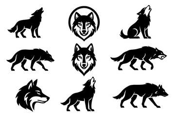 Black wolf silhouettes in walking, howling, and head emblem designs, Transparent Background