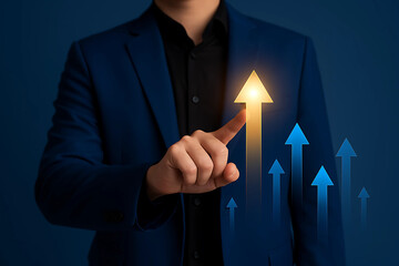 Business Strategy Success with Hand Pointing at Upward Arrows