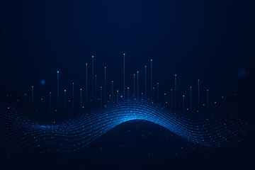 Abstract Digital Data Flow with Glowing Dots and Network Lines on Dark Blue Background