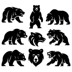 Black bear silhouettes in walking, roaring, and standing poses, Transparent Background
