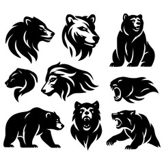 Black bear silhouettes in walking, roaring, and standing poses, Transparent Background